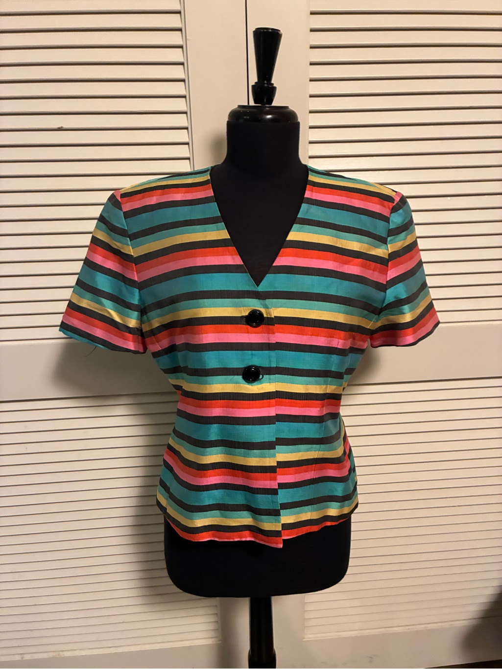 Vintage Christian Dior Striped Multicolor V-Neck Short Sleeve Blazer Top